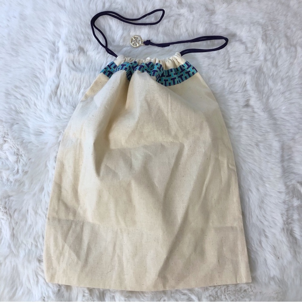 Tory Burch Cream and Blue Drawstring Bag